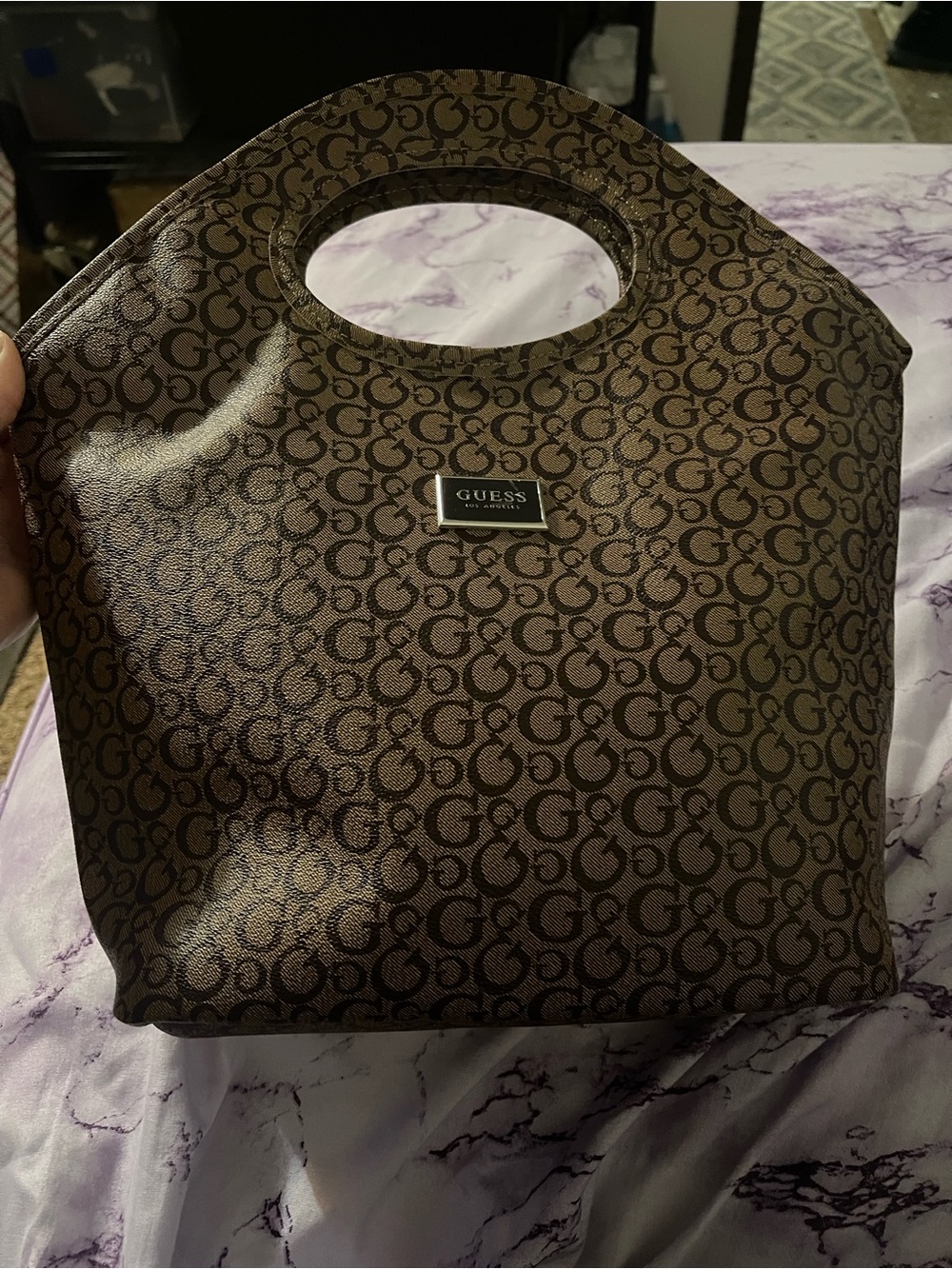 GUESS Brown Logo Cutout Handle Tote